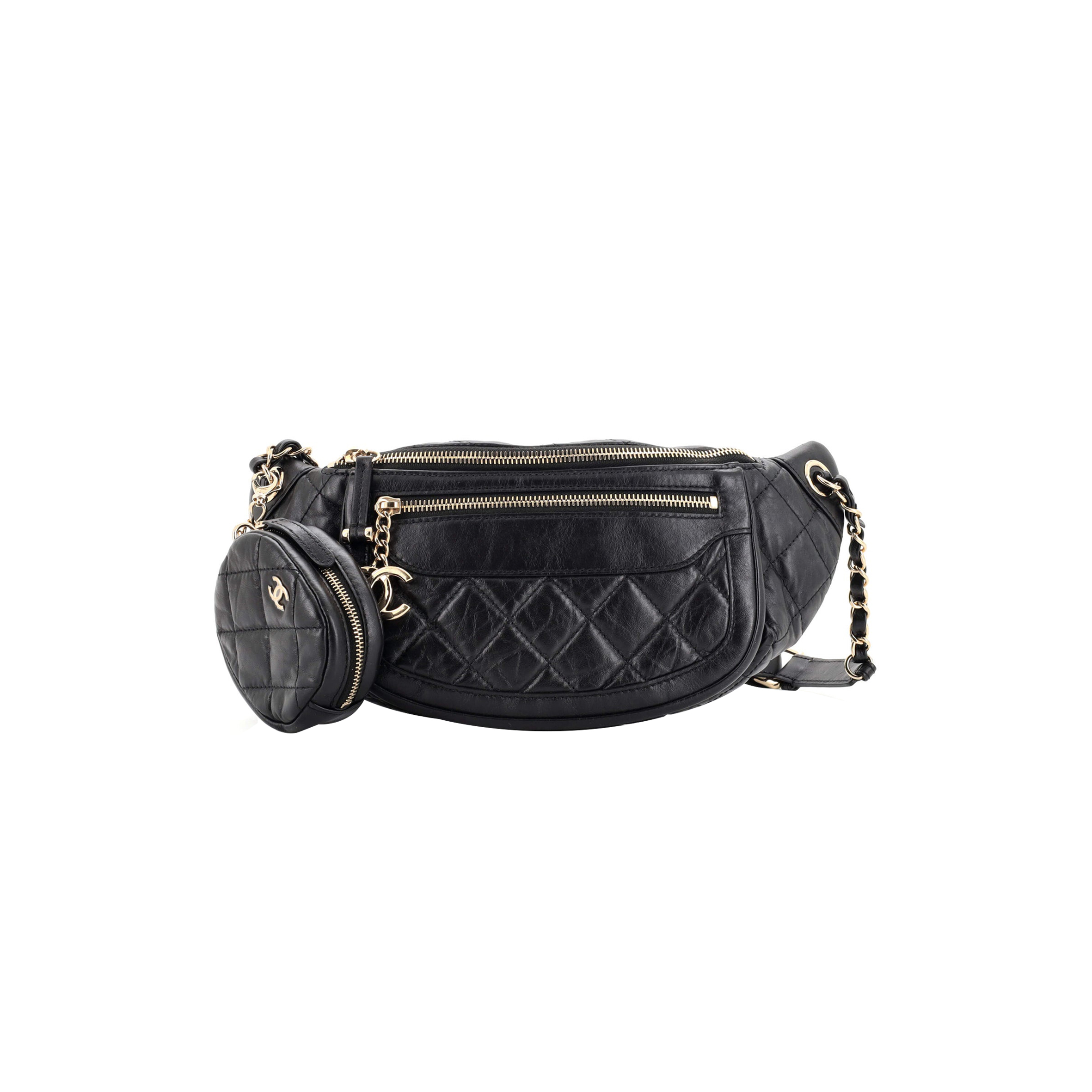 Ch*el front zip waist bag with coin purse quilted aged calfskin as1077 (34*15*6cm)